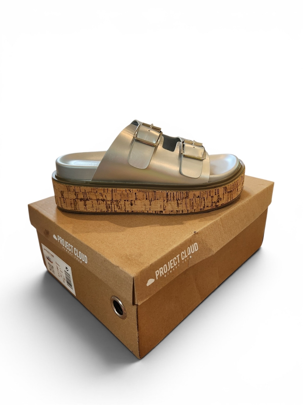 Project Cloud Metallic Silver Cork Platform Slide Sandal